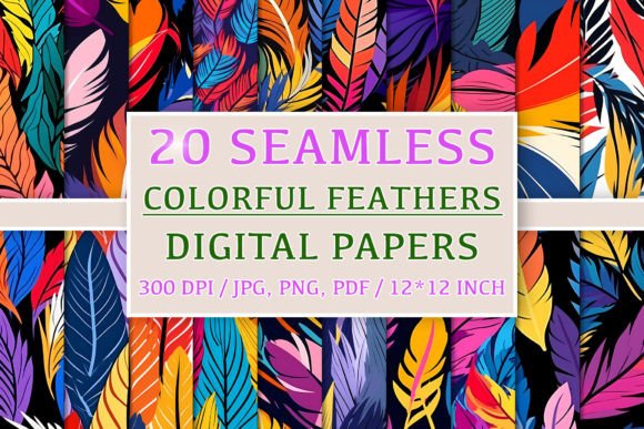 20 Seamless Colorful Feathers Patterns and Digital Papers Clipart Backgrounds for Creative Projects