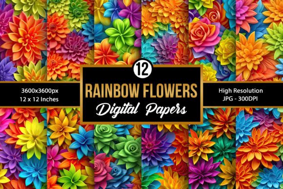 Rainbow 3D Flowers Seamless Patterns